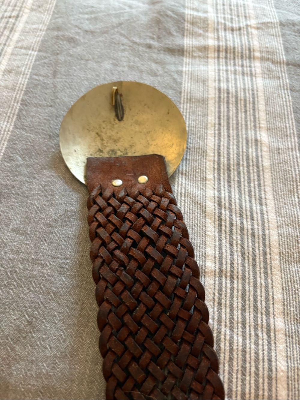 Woven Cognac Brown Leather Belt with Decorative Metal and Stone Buckle - Picture 4 of 9